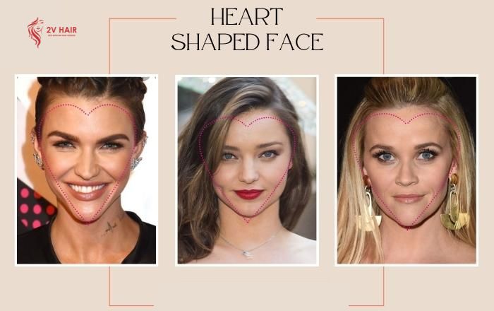 The most prominent features of the heart shaped face are the wide forehead and pointed chin